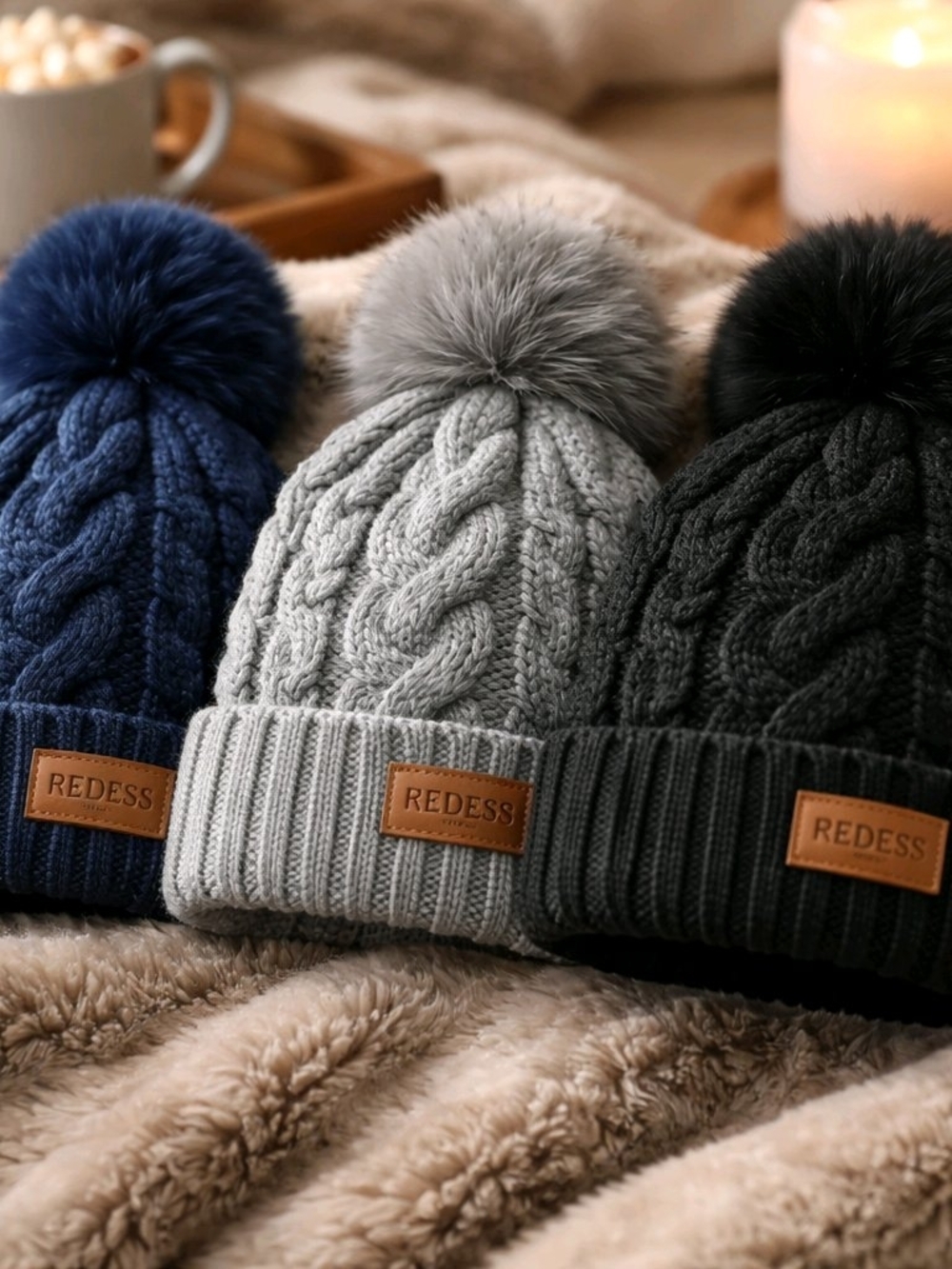 Kids Cable Knit Pom Beanie - Grey